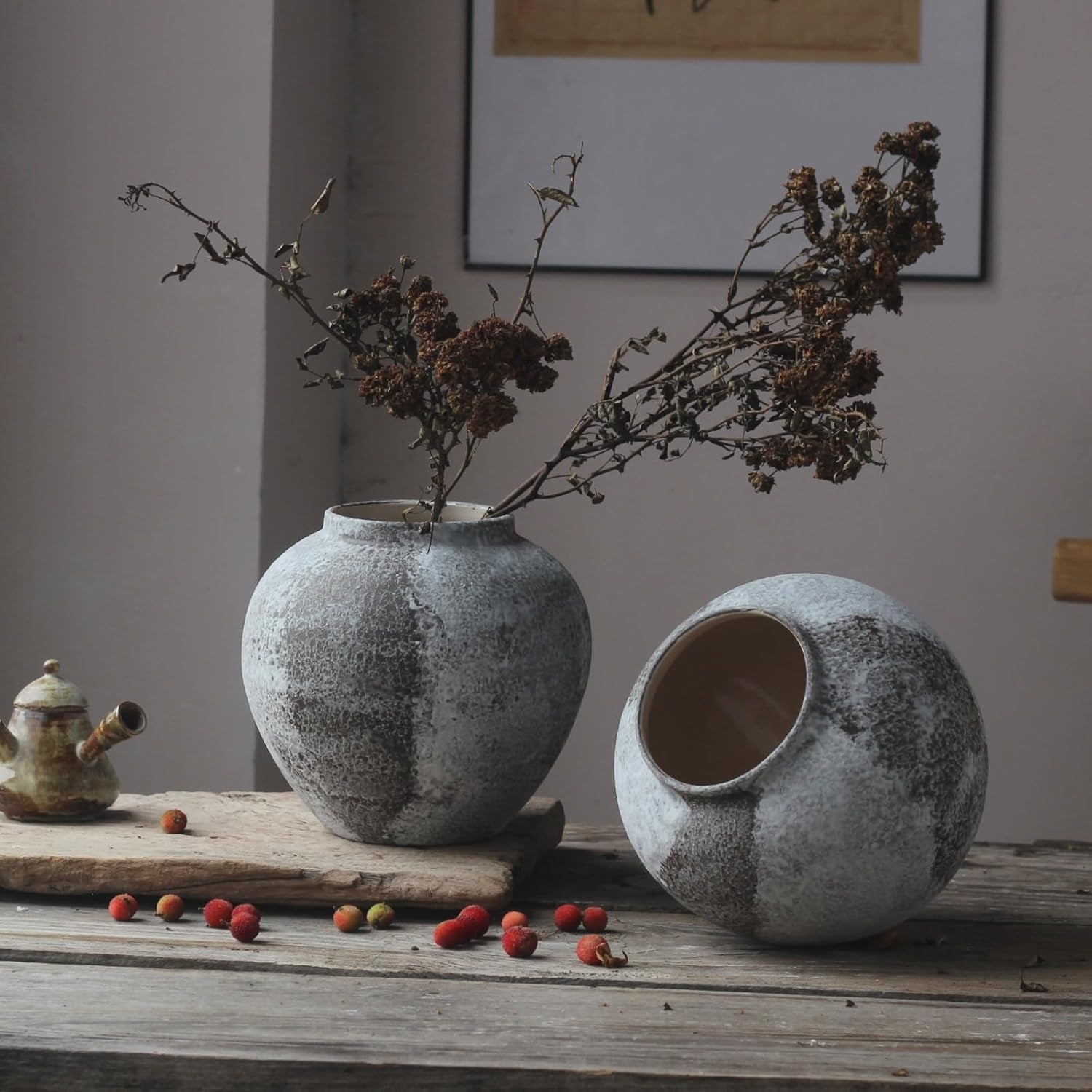 Rustic Distressed Large Ceramic Vase, 8.6 Inch Terracotta Pottery Tall Decorative Vases, Concrete Vases Clay Stone Antique Big Vase for Home Decor (Round 8.6 in X 8 In)