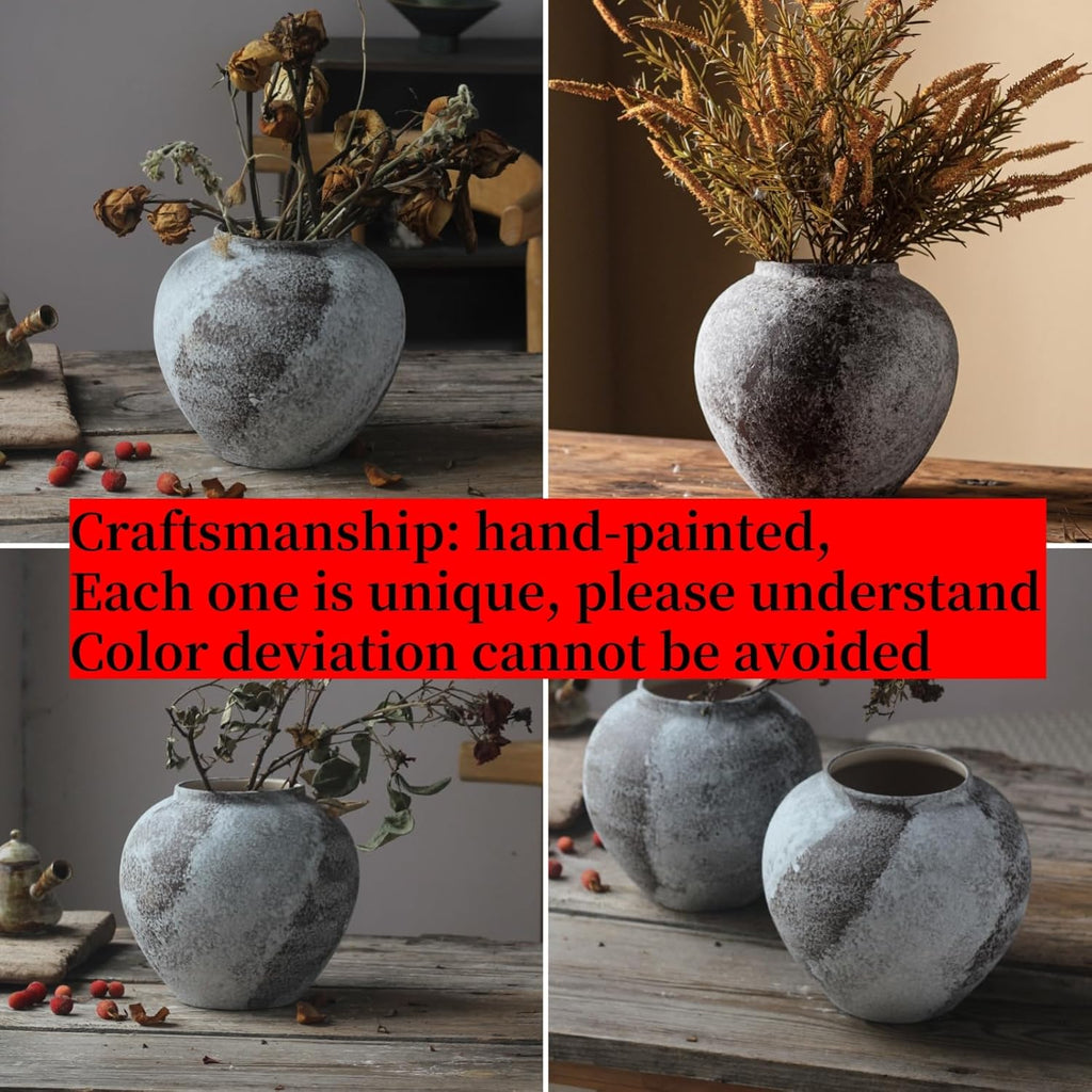 Rustic Distressed Large Ceramic Vase, 8.6 Inch Terracotta Pottery Tall Decorative Vases, Concrete Vases Clay Stone Antique Big Vase for Home Decor (Round 8.6 in X 8 In)