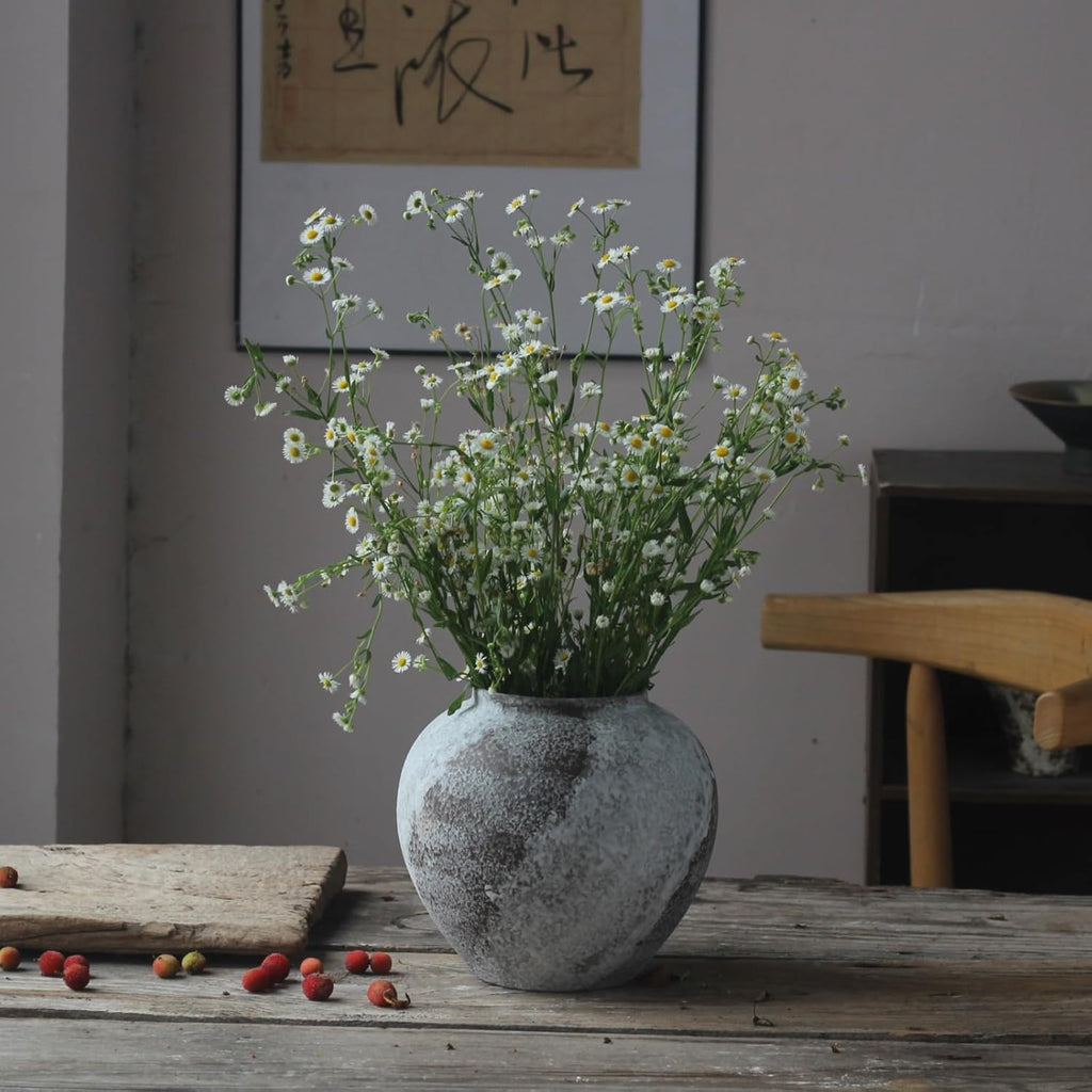 Rustic Distressed Large Ceramic Vase, 8.6 Inch Terracotta Pottery Tall Decorative Vases, Concrete Vases Clay Stone Antique Big Vase for Home Decor (Round 8.6 in X 8 In)