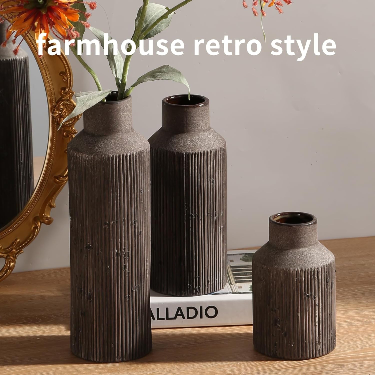 Farmhouse Vase for Home Decor, Ceramic Vase Set of 3. Vintage Flower Vase Suitable for Home Decor, Living Room, Shelf Decor, Dining Table Decor.